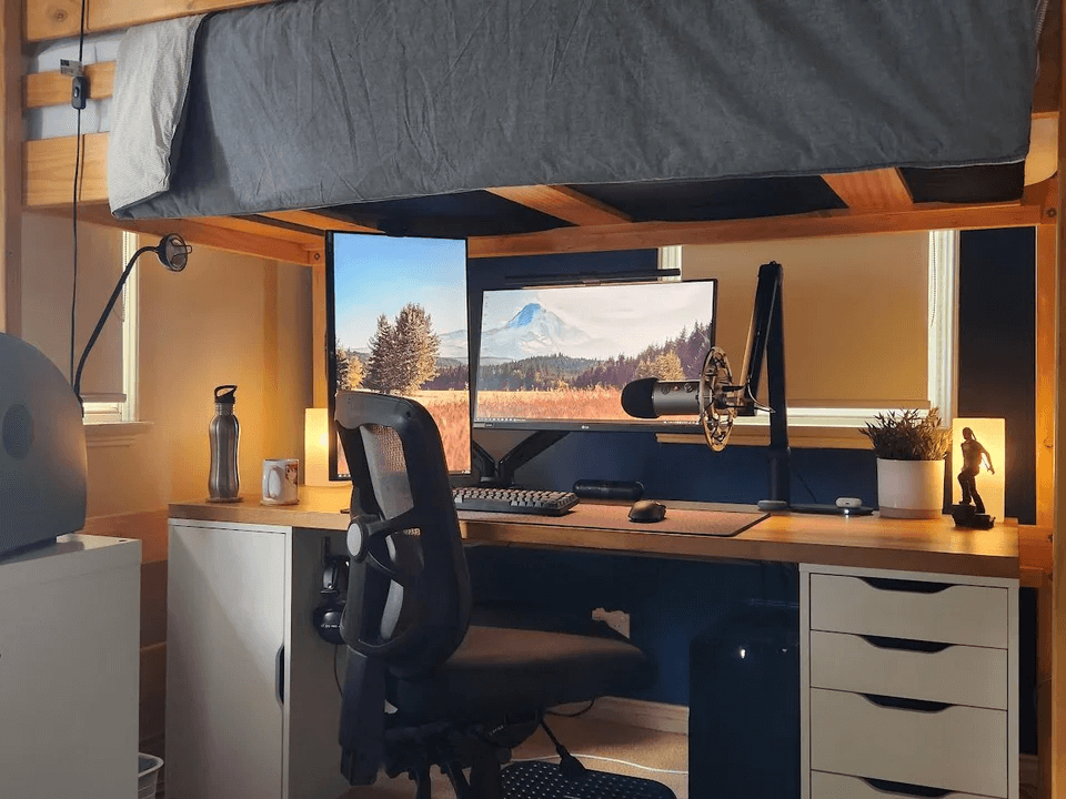 Another great way to minimize the space taken up by a gaming room setup is to use a loft bed, as doing so gives space for a bed and your gaming setup without taking up all of the wall space in the room. 